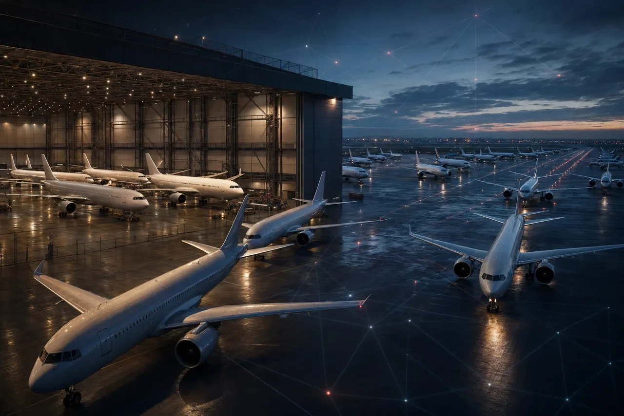 Illustrative aircraft and hangar image representing aviation