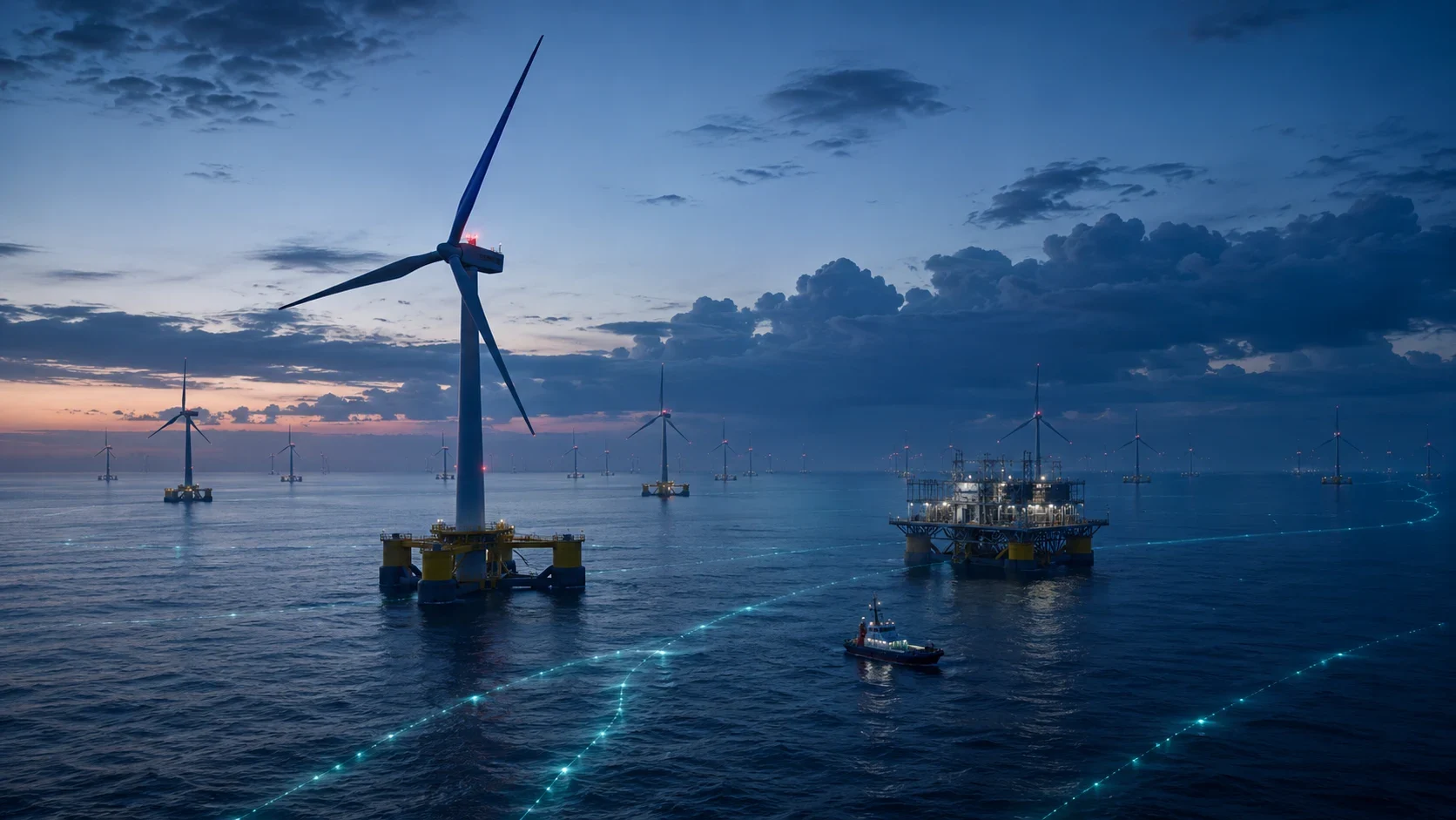 Illustrative offshore wind turbines representing renewable energy